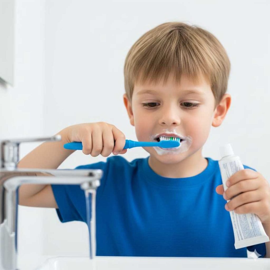 A San Diego pediatric dental hygienist teaching a young patient preventive oral hygiene habits.